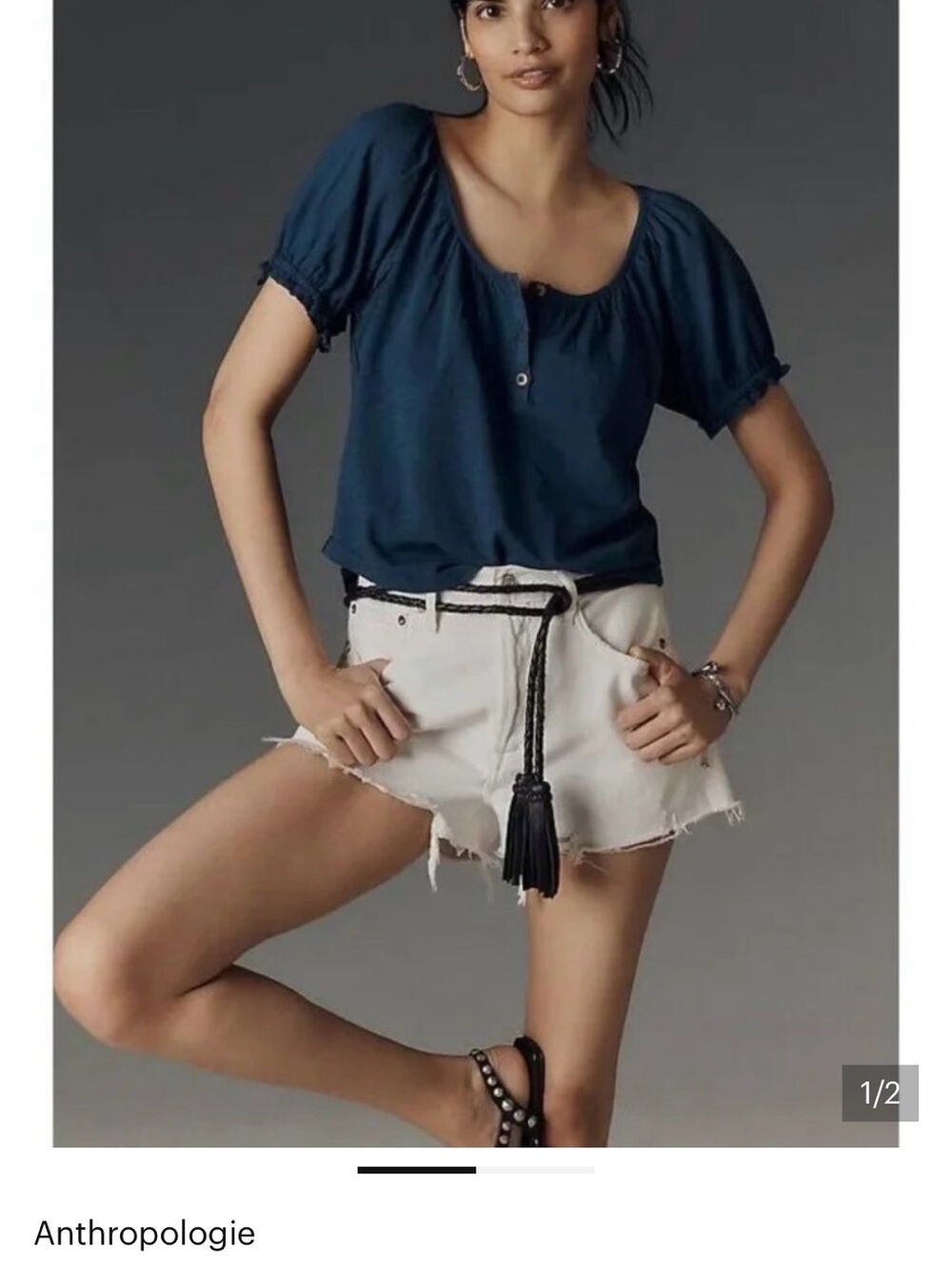 Pilcro Navy Scoop-Neck Puff Sleeve Top